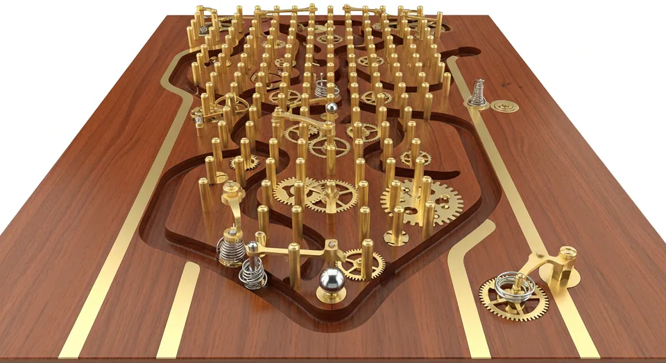 A steel token dropping through the intricate Gearworks Drop plinko board.