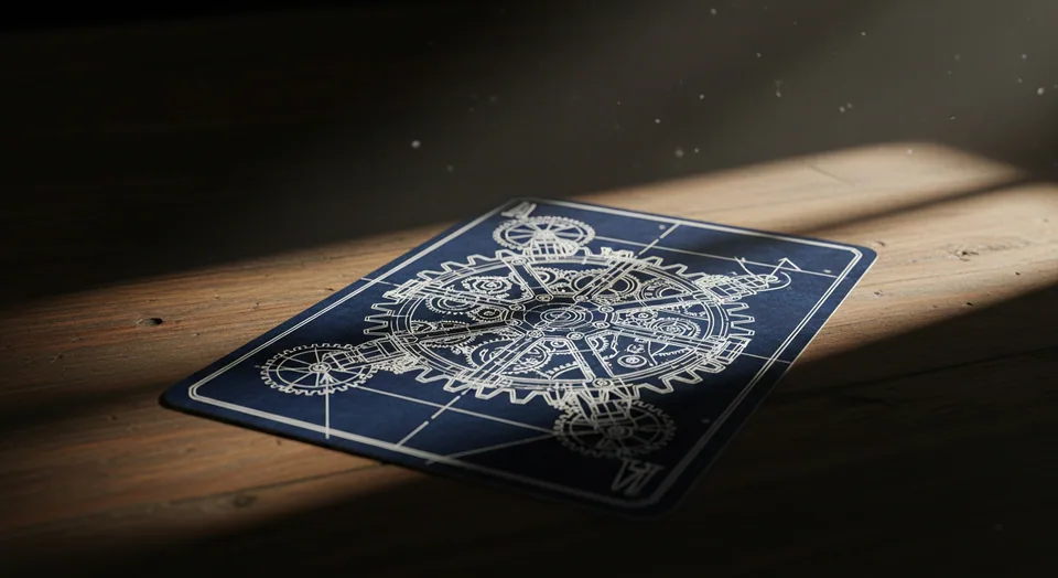 An ornate blueprint-style playing card for the Prospector's Draw game.